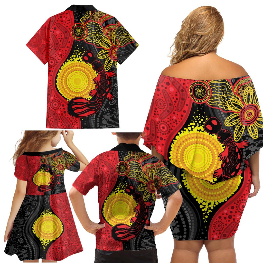 Platypus Aboriginal Art Style Family Matching Off Shoulder Short Dress and Hawaiian Shirt