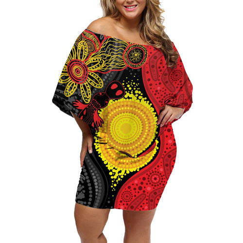 Platypus Aboriginal Art Style Family Matching Off Shoulder Short Dress and Hawaiian Shirt