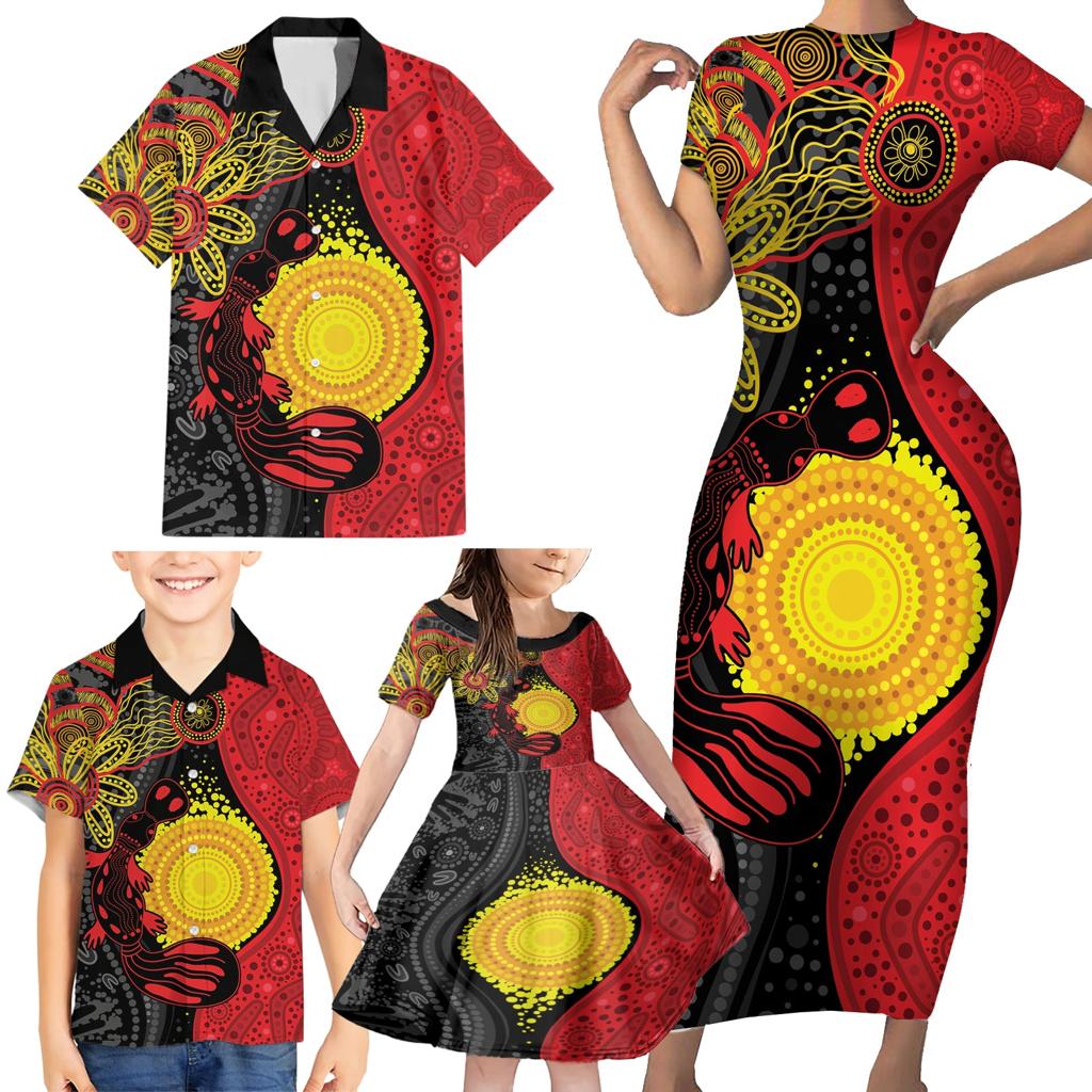Platypus Aboriginal Art Style Family Matching Short Sleeve Bodycon Dress and Hawaiian Shirt