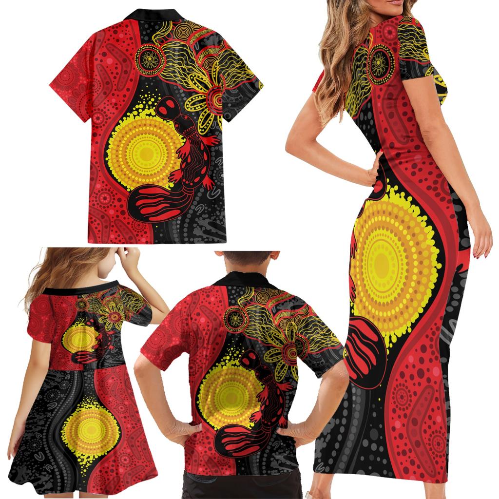 Platypus Aboriginal Art Style Family Matching Short Sleeve Bodycon Dress and Hawaiian Shirt