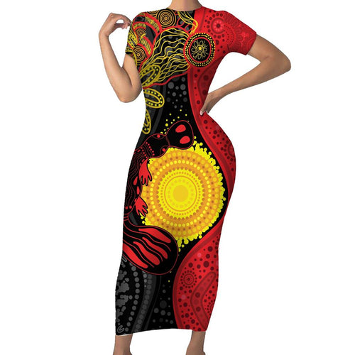 Platypus Aboriginal Art Style Family Matching Short Sleeve Bodycon Dress and Hawaiian Shirt