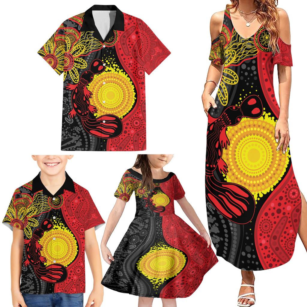 Platypus Aboriginal Art Style Family Matching Summer Maxi Dress and Hawaiian Shirt