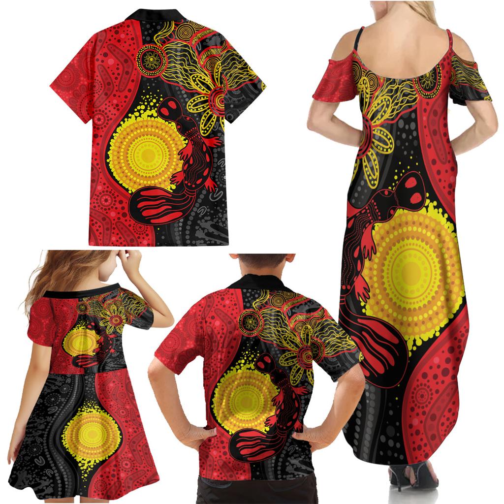 Platypus Aboriginal Art Style Family Matching Summer Maxi Dress and Hawaiian Shirt