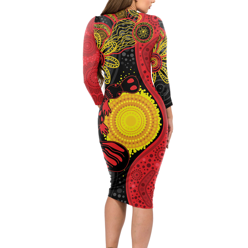 Platypus Aboriginal Art Style Long Sleeve Bodycon Dress