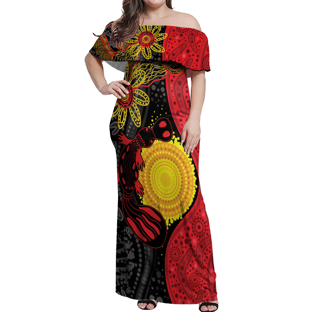 Platypus Aboriginal Art Style Off Shoulder Maxi Dress