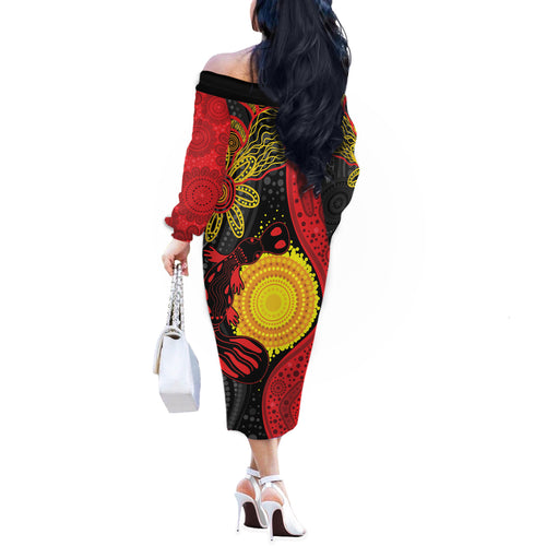 Platypus Aboriginal Art Style Off The Shoulder Long Sleeve Dress