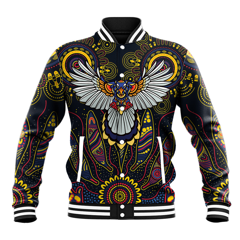 Custom Adelaide Football Baseball Jacket With Crow Aboriginal Art Style
