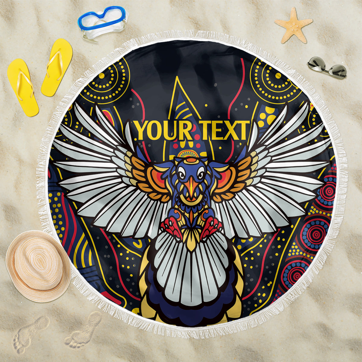 Custom Adelaide Football Beach Blanket With Crow Aboriginal Art Style