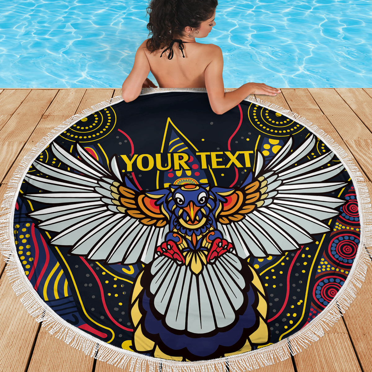 Custom Adelaide Football Beach Blanket With Crow Aboriginal Art Style