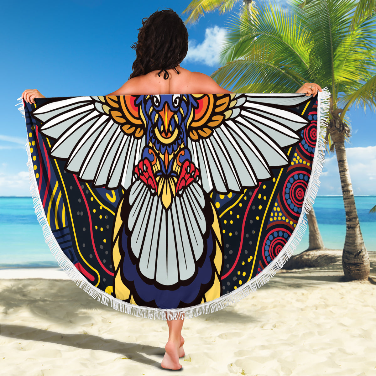 Custom Adelaide Football Beach Blanket With Crow Aboriginal Art Style