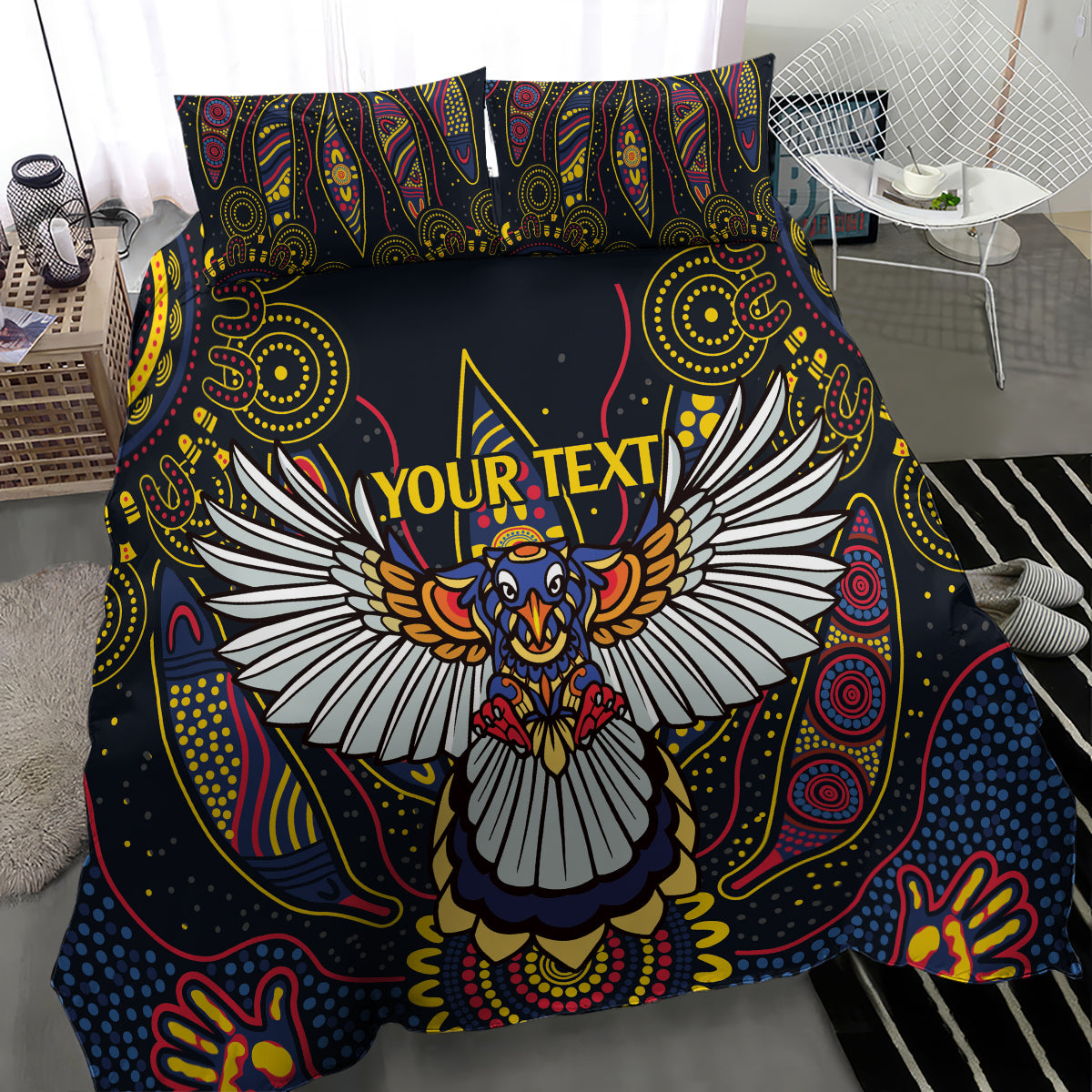Custom Adelaide Football Bedding Set With Crow Aboriginal Art Style