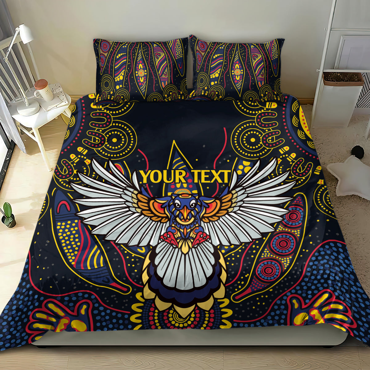 Custom Adelaide Football Bedding Set With Crow Aboriginal Art Style