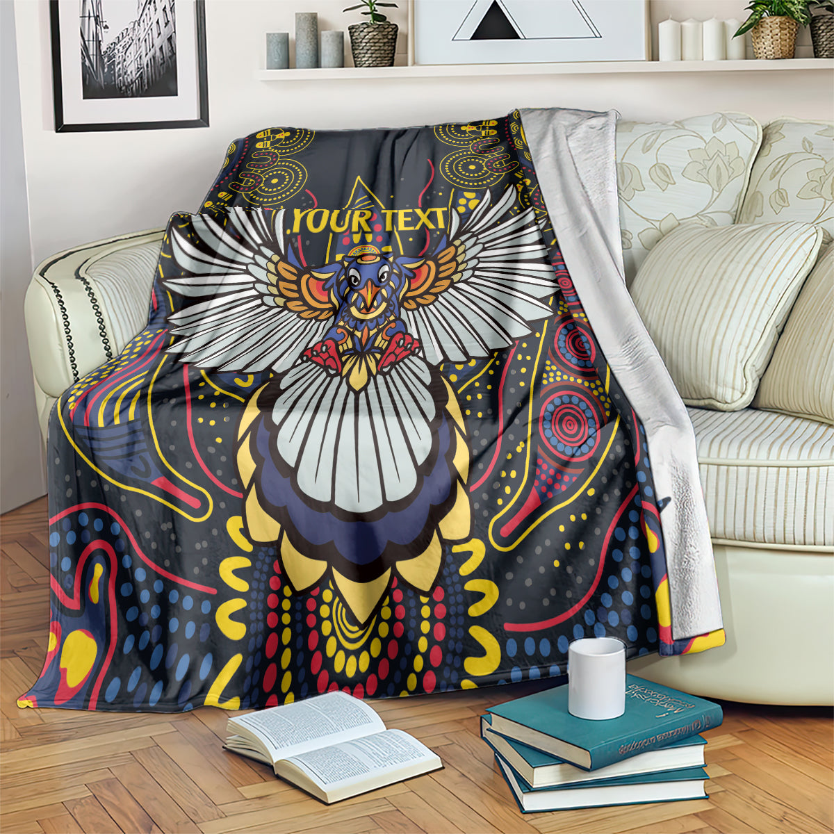 Custom Adelaide Football Blanket With Crow Aboriginal Art Style