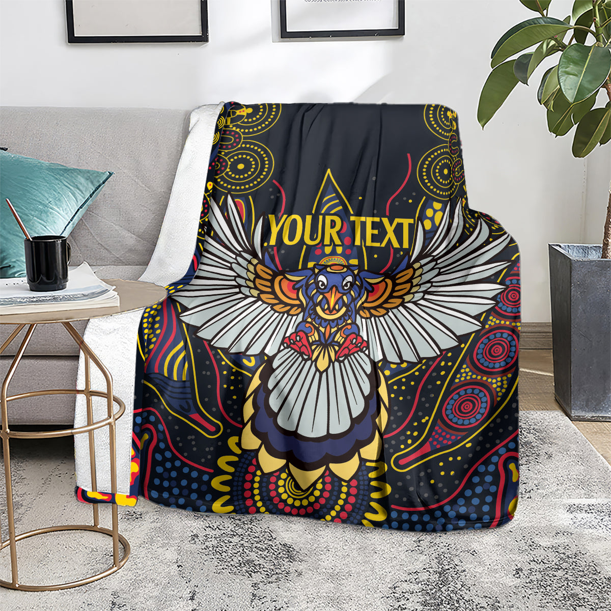 Custom Adelaide Football Blanket With Crow Aboriginal Art Style