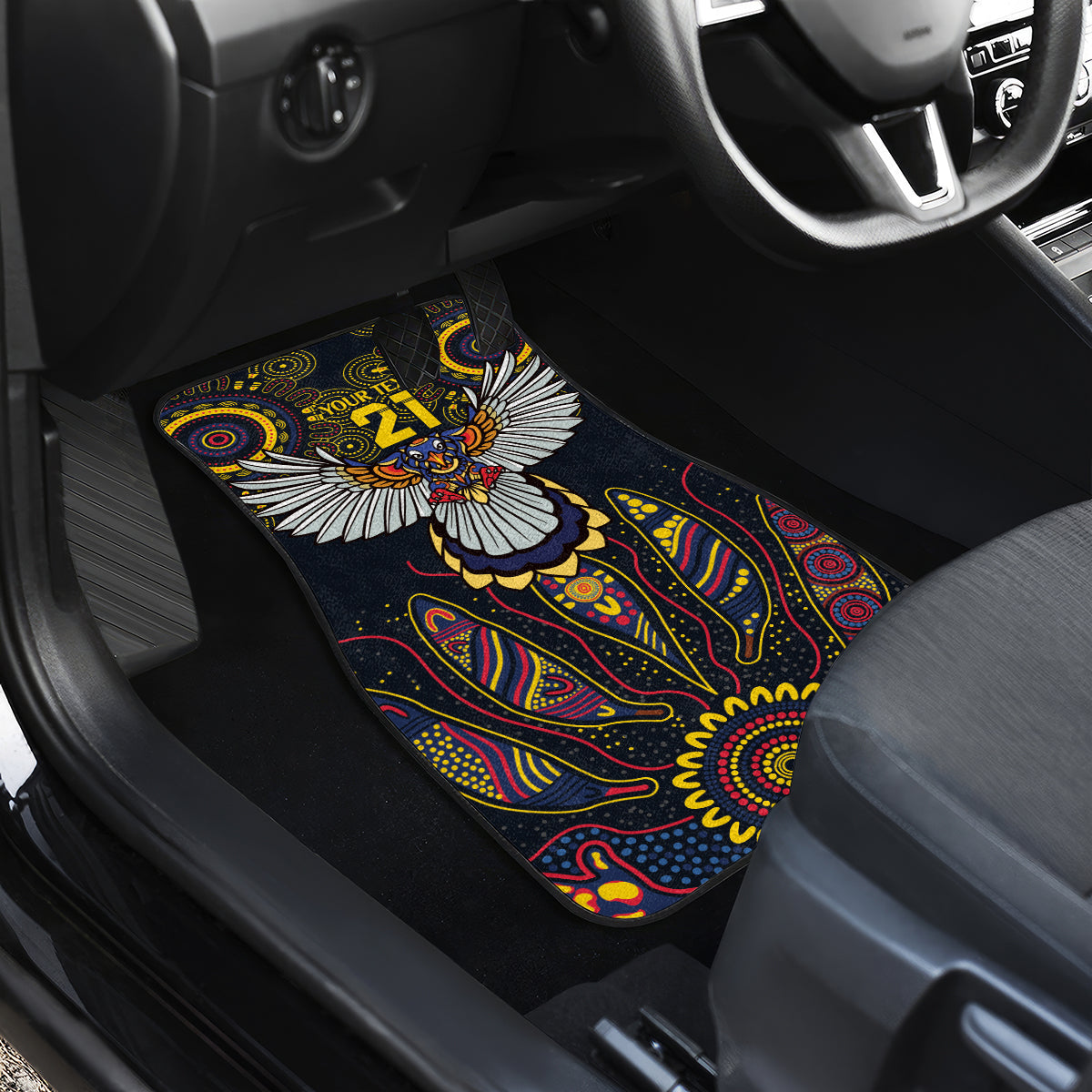 Custom Adelaide Football Car Mats With Crow Aboriginal Art Style