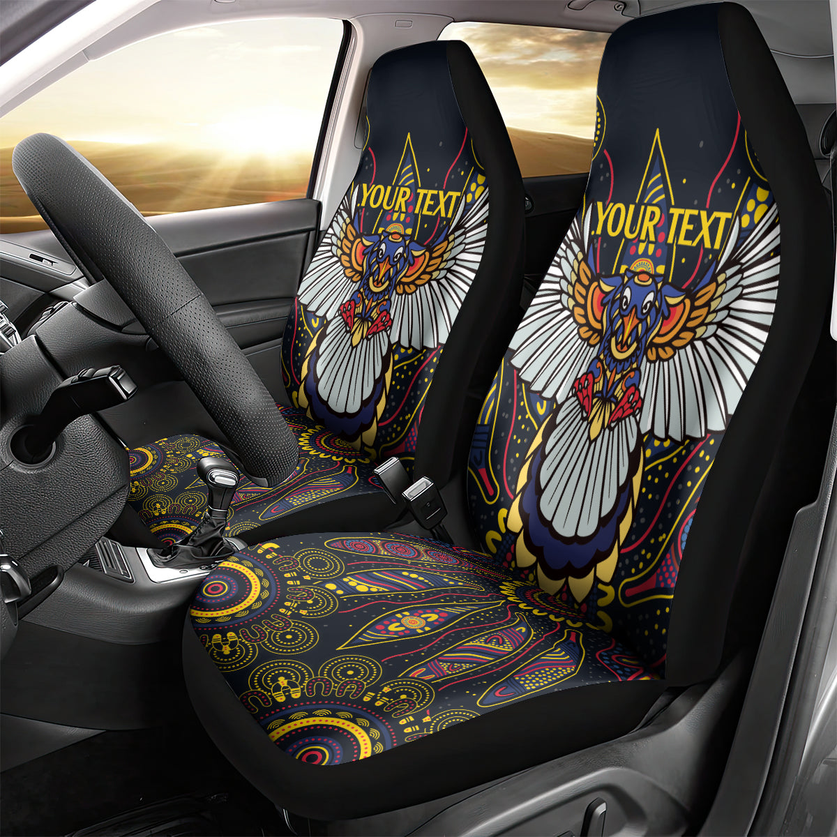 Custom Adelaide Football Car Seat Cover With Crow Aboriginal Art Style