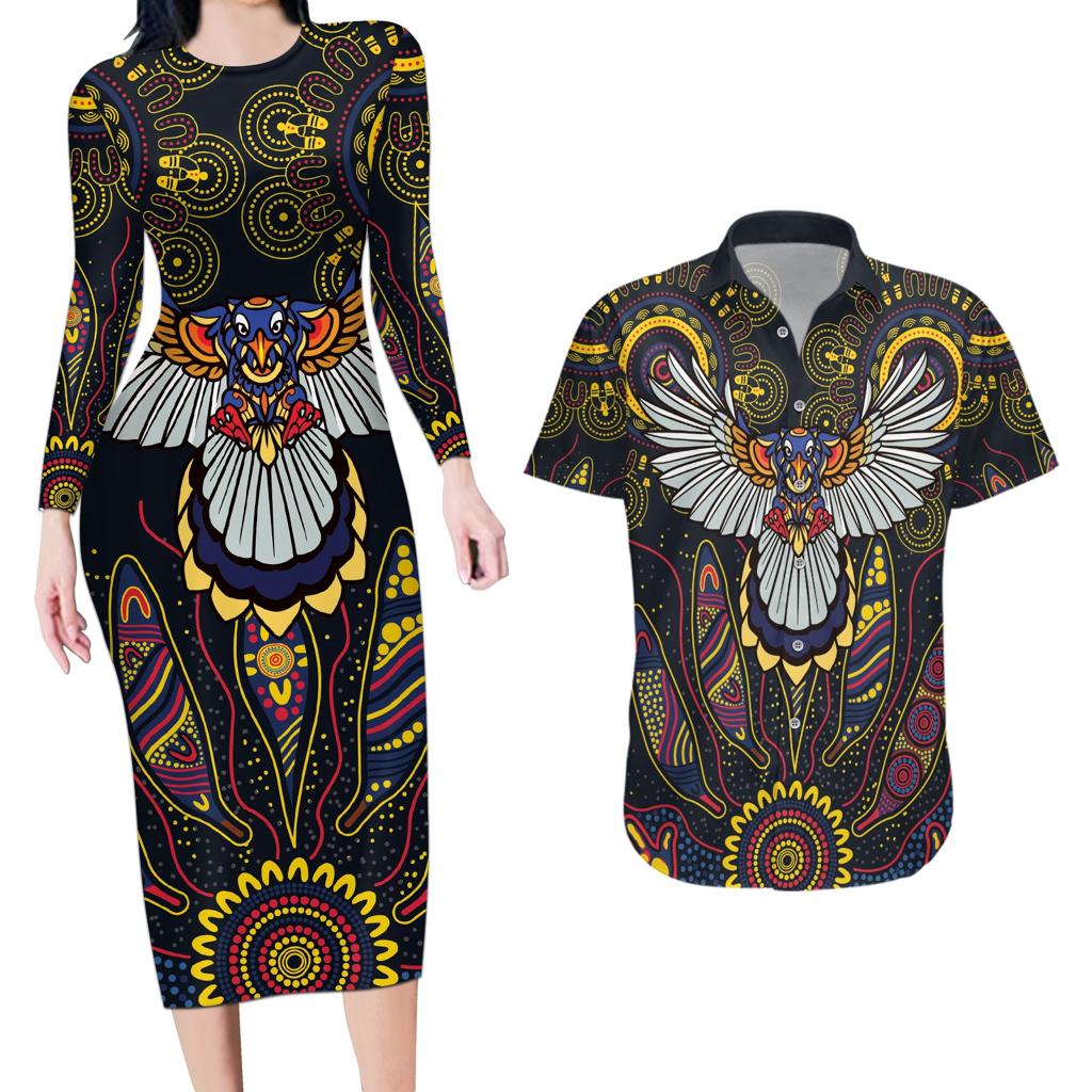 Custom Adelaide Football Couples Matching Long Sleeve Bodycon Dress and Hawaiian Shirt With Crow Aboriginal Art Style