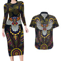 Custom Adelaide Football Couples Matching Long Sleeve Bodycon Dress and Hawaiian Shirt With Crow Aboriginal Art Style