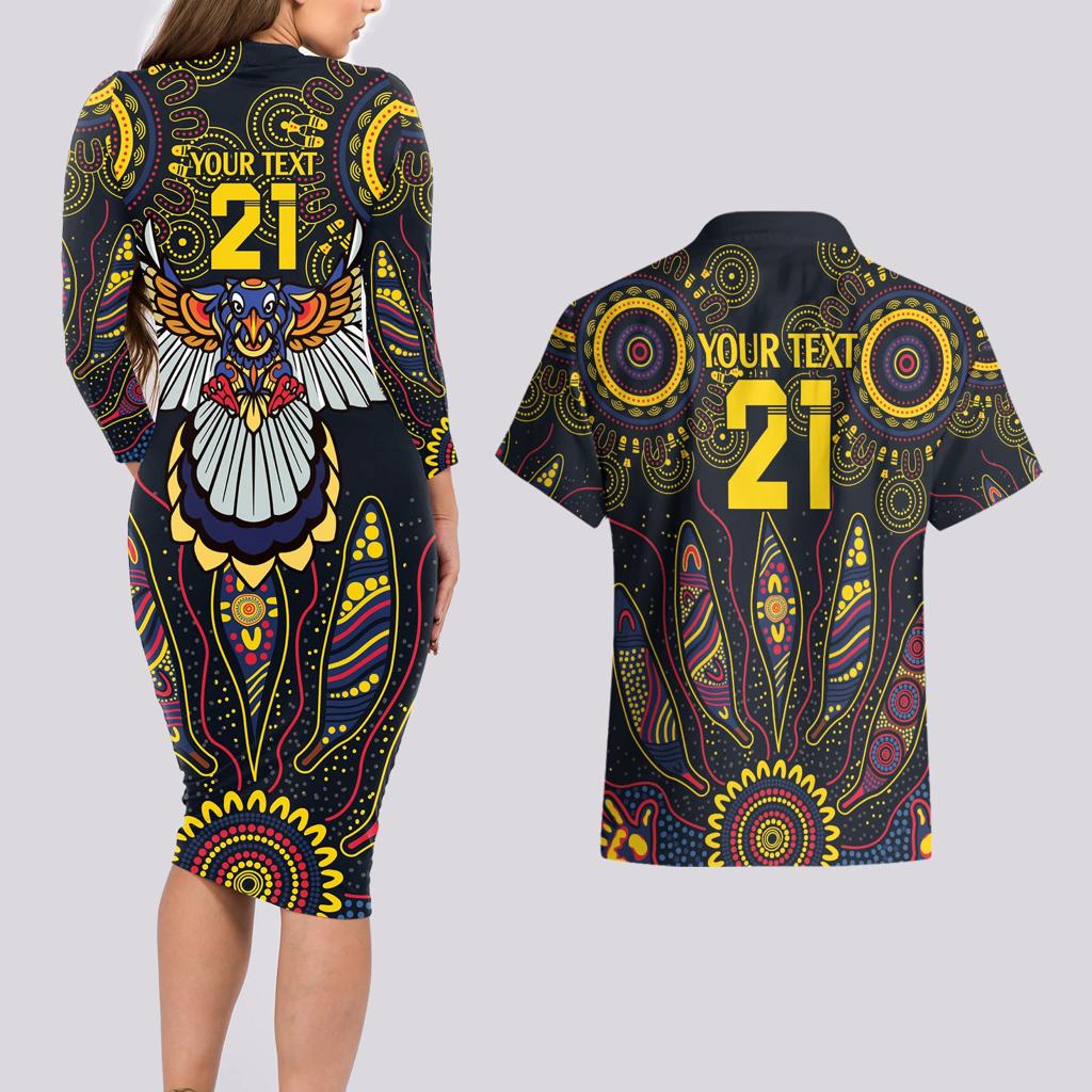 Custom Adelaide Football Couples Matching Long Sleeve Bodycon Dress and Hawaiian Shirt With Crow Aboriginal Art Style
