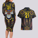 Custom Adelaide Football Couples Matching Long Sleeve Bodycon Dress and Hawaiian Shirt With Crow Aboriginal Art Style