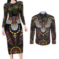 Custom Adelaide Football Couples Matching Long Sleeve Bodycon Dress and Long Sleeve Button Shirt With Crow Aboriginal Art Style