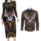 Custom Adelaide Football Couples Matching Long Sleeve Bodycon Dress and Long Sleeve Button Shirt With Crow Aboriginal Art Style