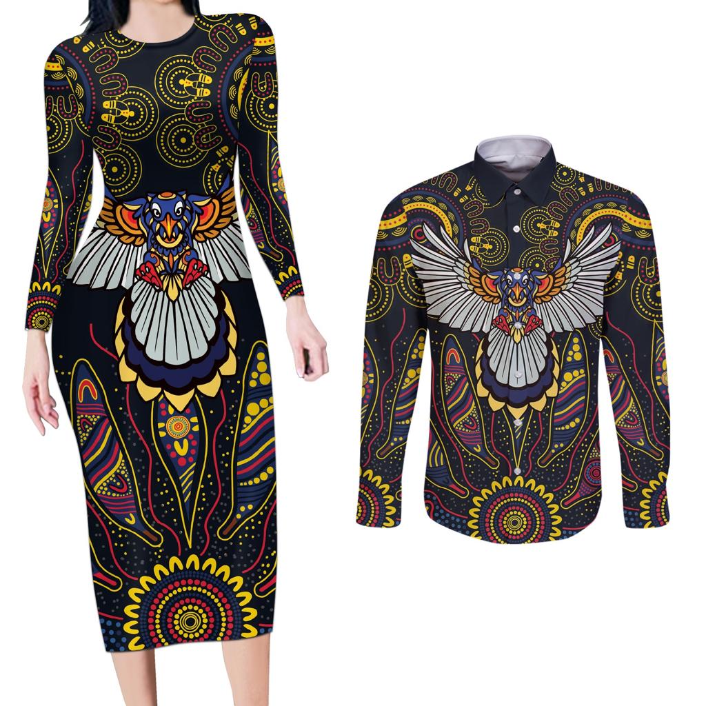 Custom Adelaide Football Couples Matching Long Sleeve Bodycon Dress and Long Sleeve Button Shirt With Crow Aboriginal Art Style