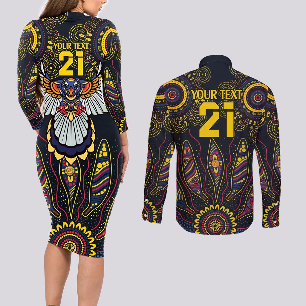 Custom Adelaide Football Couples Matching Long Sleeve Bodycon Dress and Long Sleeve Button Shirt With Crow Aboriginal Art Style
