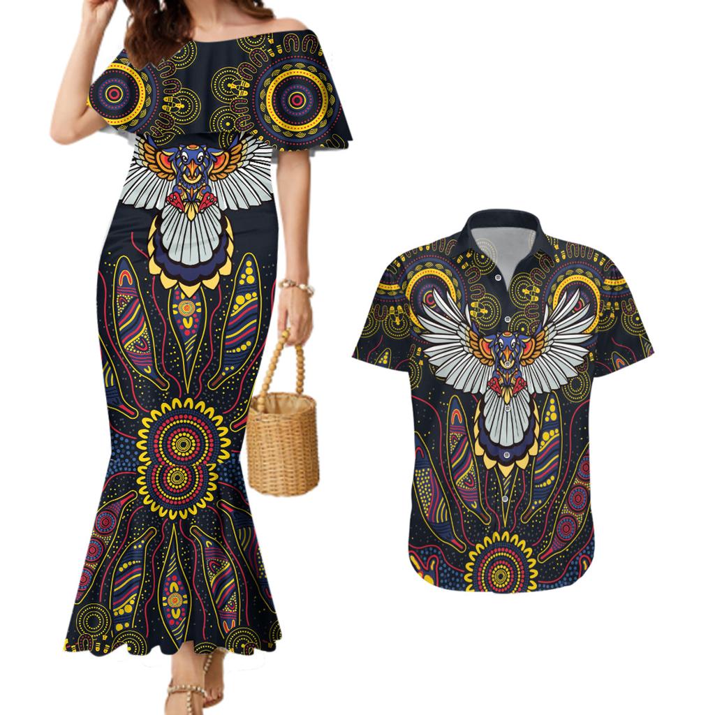 Custom Adelaide Football Couples Matching Mermaid Dress and Hawaiian Shirt With Crow Aboriginal Art Style
