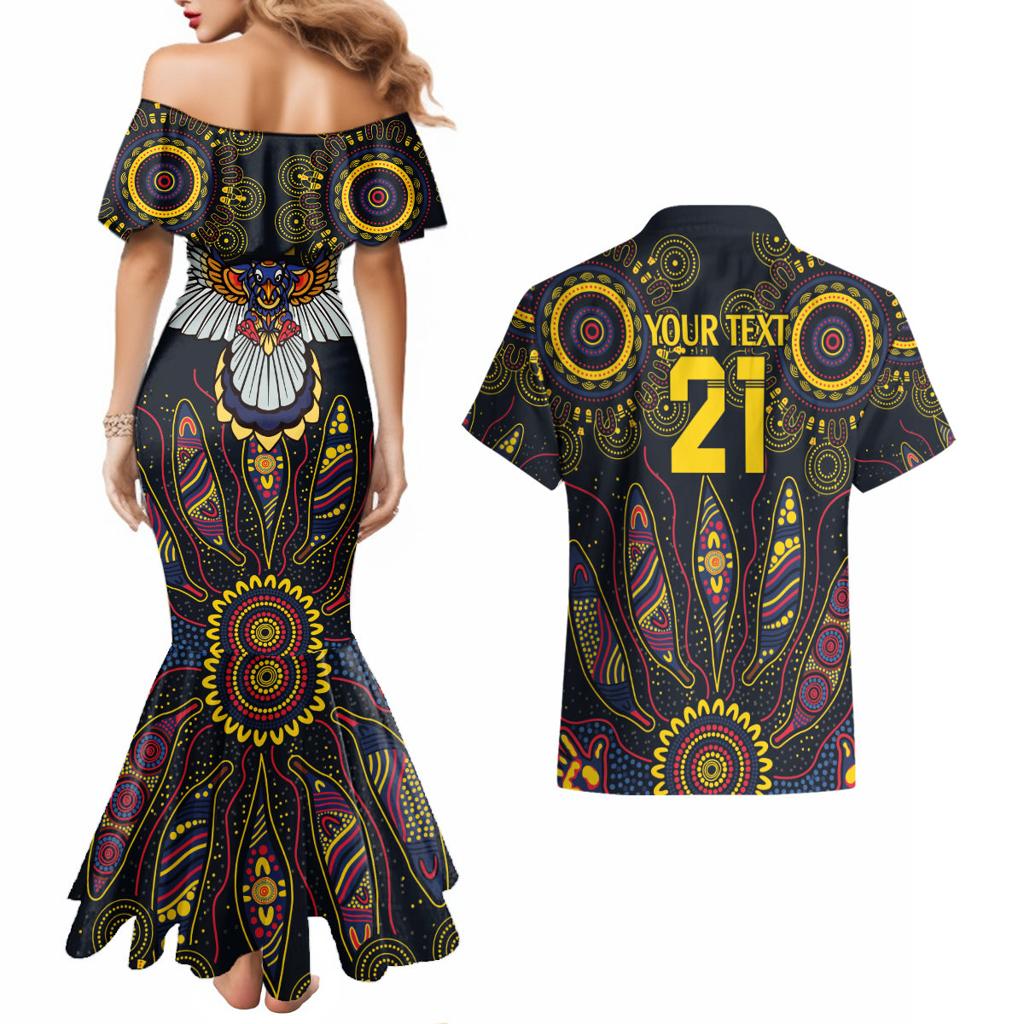 Custom Adelaide Football Couples Matching Mermaid Dress and Hawaiian Shirt With Crow Aboriginal Art Style