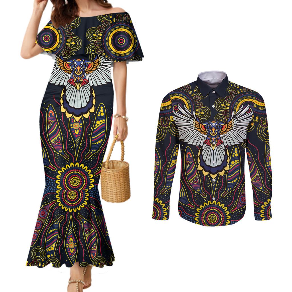 Custom Adelaide Football Couples Matching Mermaid Dress and Long Sleeve Button Shirt With Crow Aboriginal Art Style