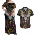 Custom Adelaide Football Couples Matching Off Shoulder Maxi Dress and Hawaiian Shirt With Crow Aboriginal Art Style
