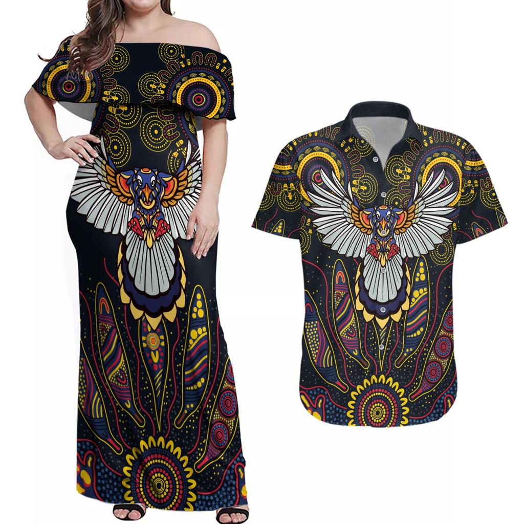 Custom Adelaide Football Couples Matching Off Shoulder Maxi Dress and Hawaiian Shirt With Crow Aboriginal Art Style