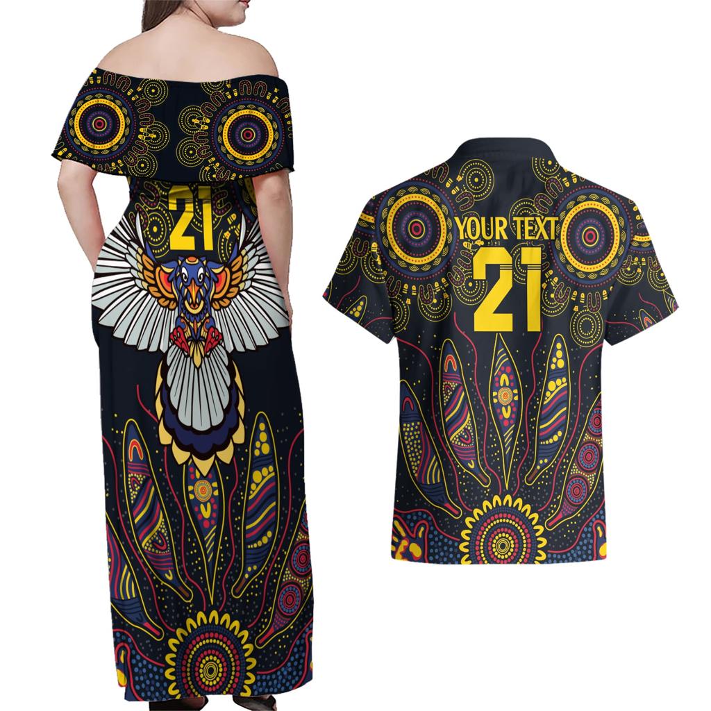 Custom Adelaide Football Couples Matching Off Shoulder Maxi Dress and Hawaiian Shirt With Crow Aboriginal Art Style