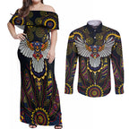 Custom Adelaide Football Couples Matching Off Shoulder Maxi Dress and Long Sleeve Button Shirt With Crow Aboriginal Art Style