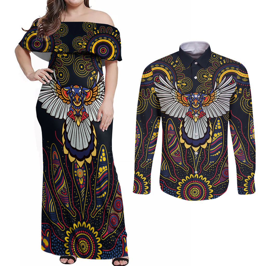 Custom Adelaide Football Couples Matching Off Shoulder Maxi Dress and Long Sleeve Button Shirt With Crow Aboriginal Art Style