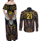 Custom Adelaide Football Couples Matching Off Shoulder Maxi Dress and Long Sleeve Button Shirt With Crow Aboriginal Art Style
