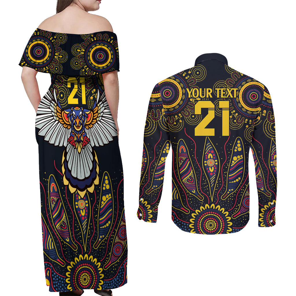 Custom Adelaide Football Couples Matching Off Shoulder Maxi Dress and Long Sleeve Button Shirt With Crow Aboriginal Art Style