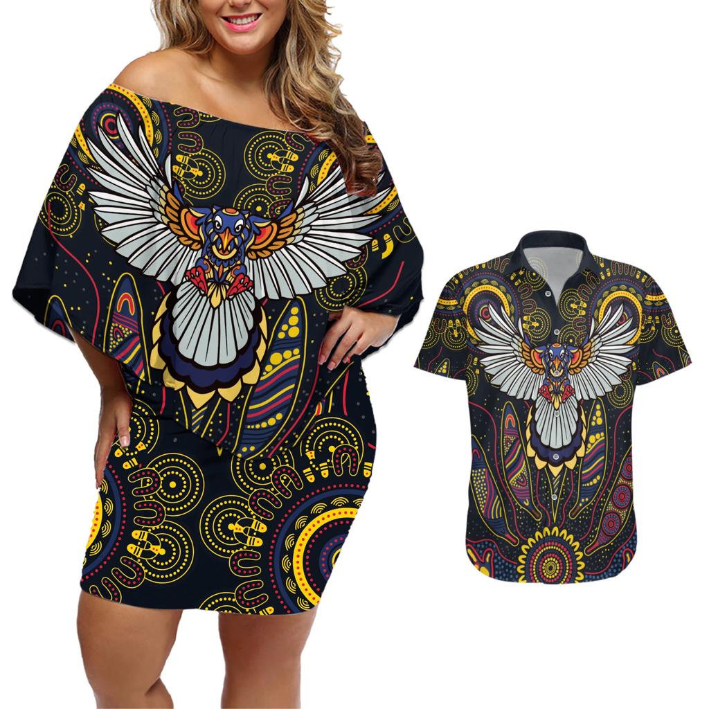 Custom Adelaide Football Couples Matching Off Shoulder Short Dress and Hawaiian Shirt With Crow Aboriginal Art Style
