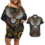 Custom Adelaide Football Couples Matching Off Shoulder Short Dress and Hawaiian Shirt With Crow Aboriginal Art Style