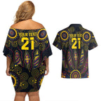 Custom Adelaide Football Couples Matching Off Shoulder Short Dress and Hawaiian Shirt With Crow Aboriginal Art Style