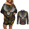 Custom Adelaide Football Couples Matching Off Shoulder Short Dress and Long Sleeve Button Shirt With Crow Aboriginal Art Style
