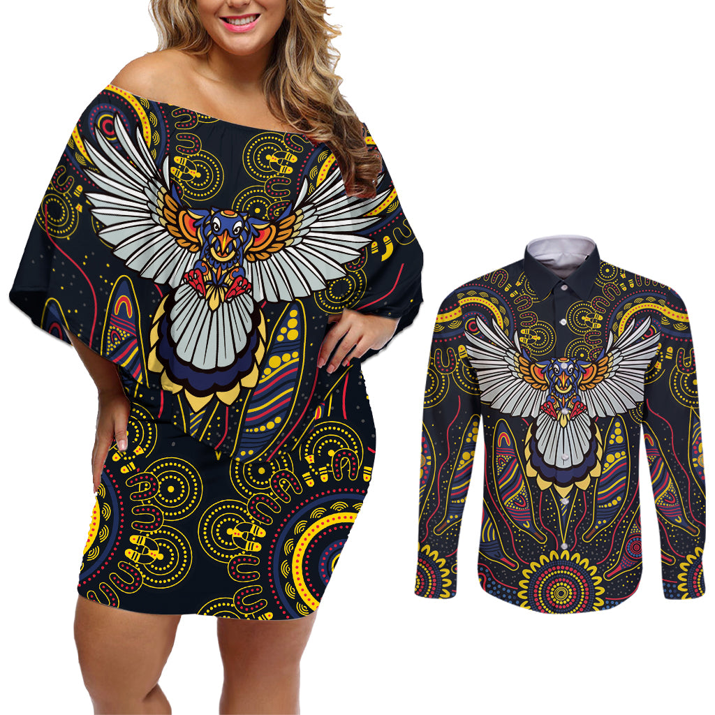 Custom Adelaide Football Couples Matching Off Shoulder Short Dress and Long Sleeve Button Shirt With Crow Aboriginal Art Style