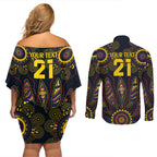 Custom Adelaide Football Couples Matching Off Shoulder Short Dress and Long Sleeve Button Shirt With Crow Aboriginal Art Style