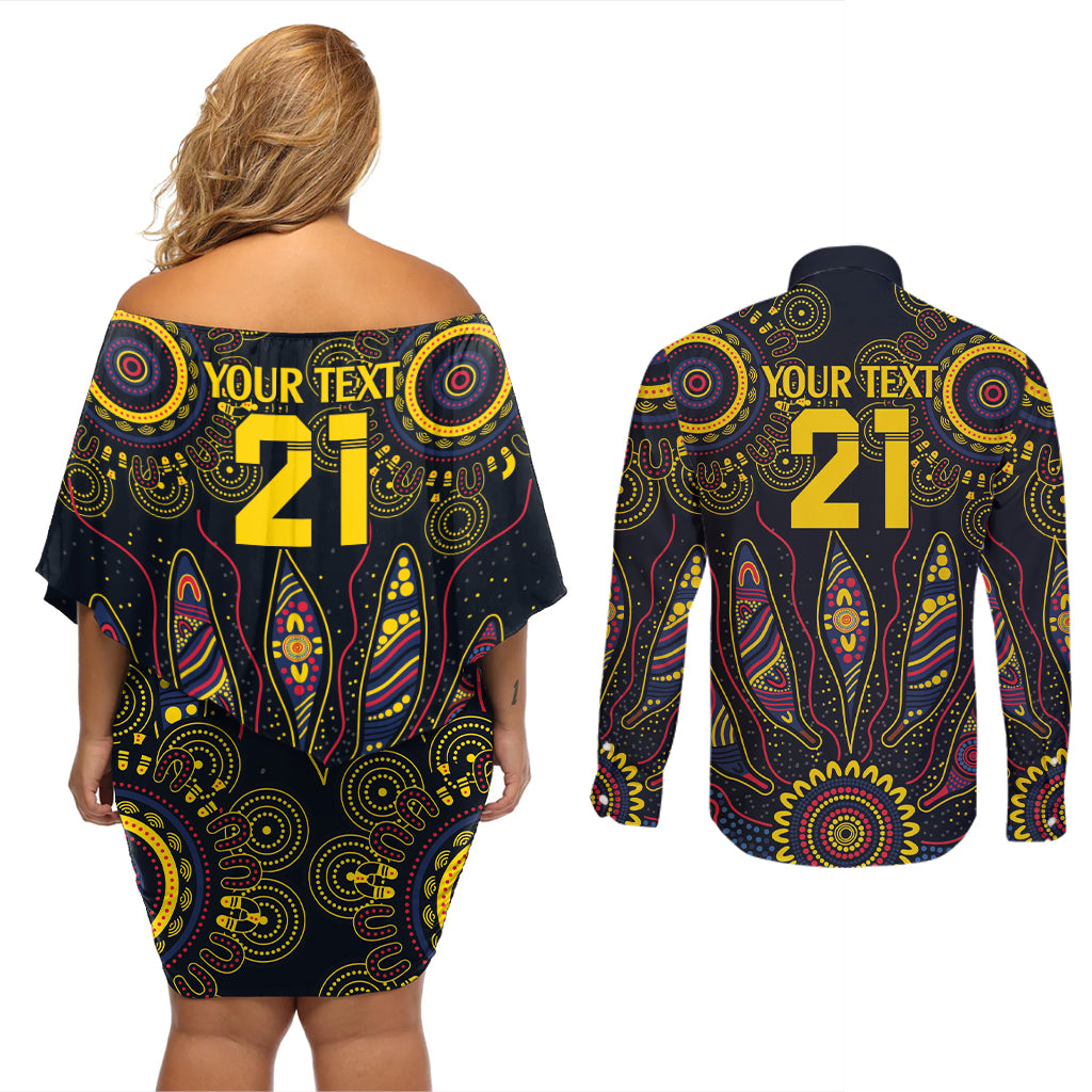 Custom Adelaide Football Couples Matching Off Shoulder Short Dress and Long Sleeve Button Shirt With Crow Aboriginal Art Style