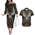Custom Adelaide Football Couples Matching Off The Shoulder Long Sleeve Dress and Hawaiian Shirt With Crow Aboriginal Art Style