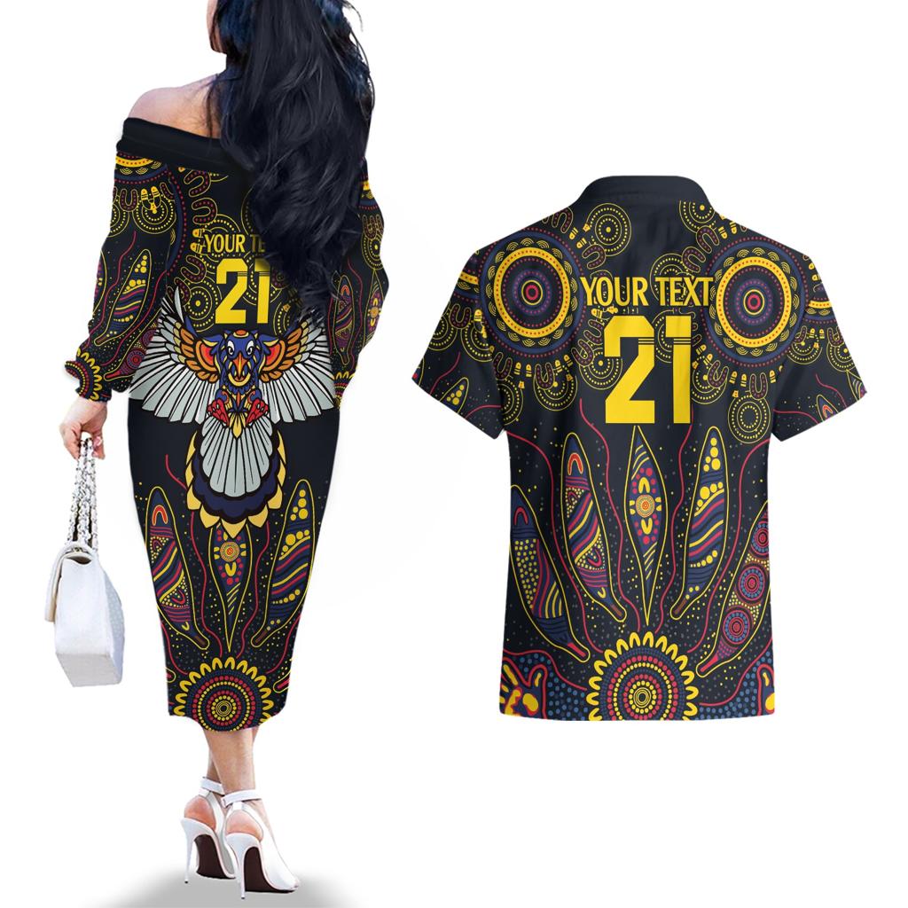 Custom Adelaide Football Couples Matching Off The Shoulder Long Sleeve Dress and Hawaiian Shirt With Crow Aboriginal Art Style