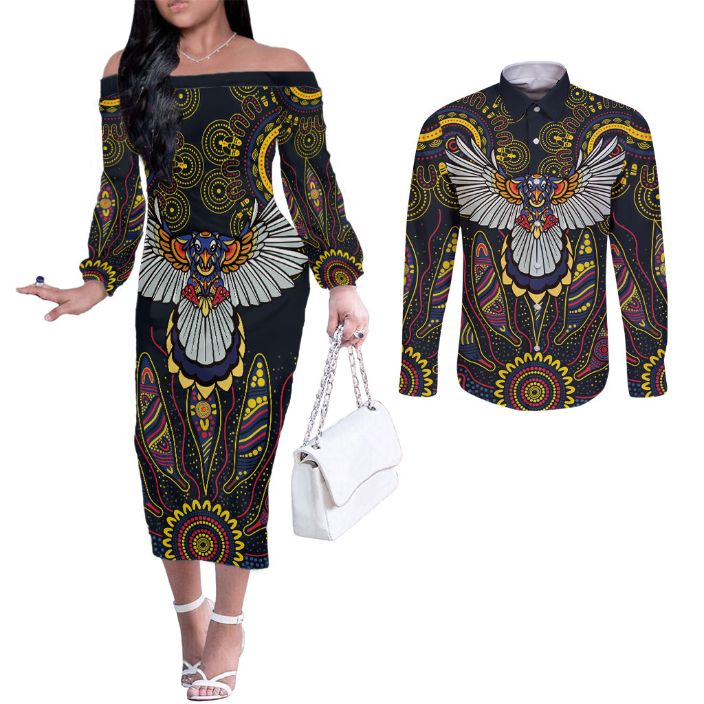 Custom Adelaide Football Couples Matching Off The Shoulder Long Sleeve Dress and Long Sleeve Button Shirt With Crow Aboriginal Art Style