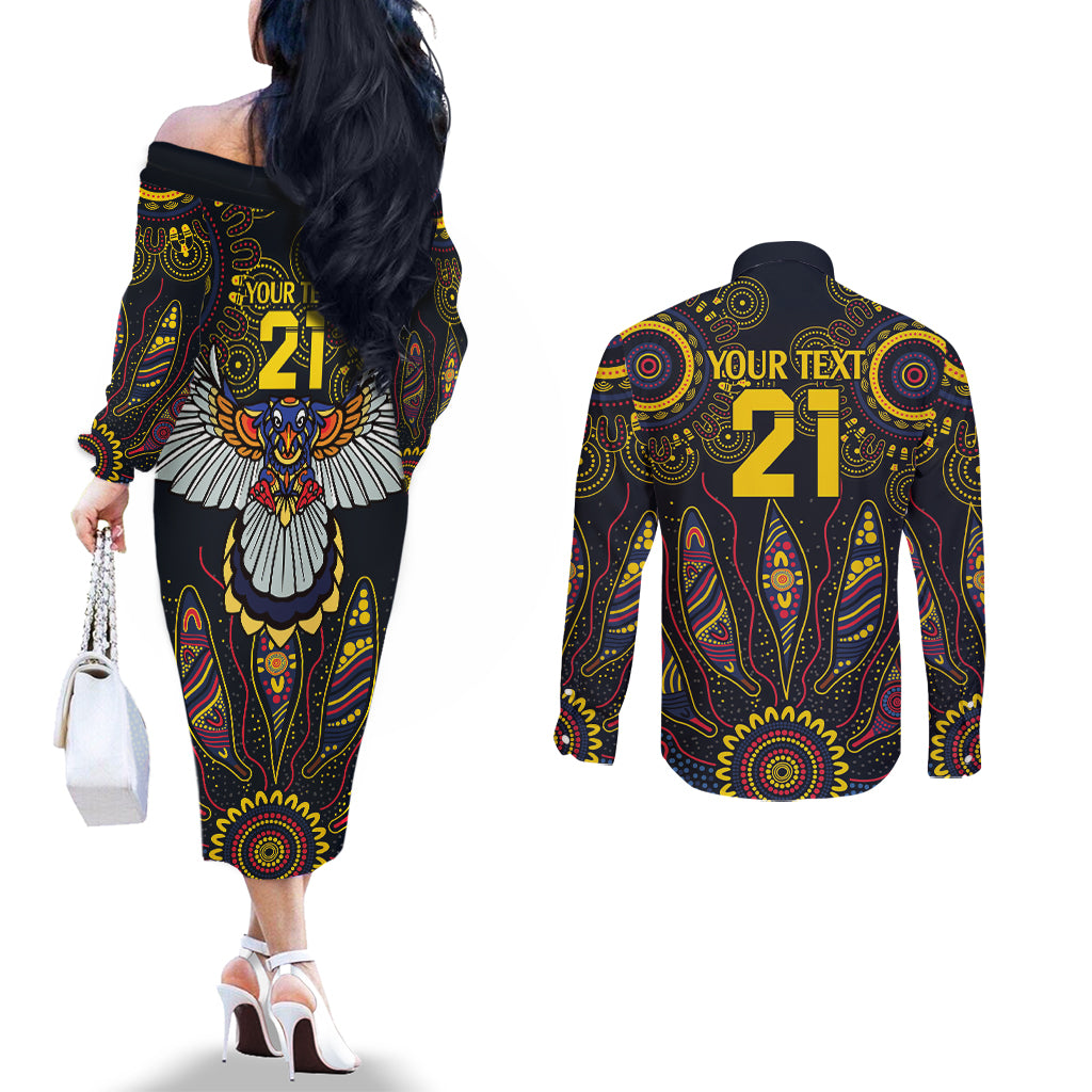 Custom Adelaide Football Couples Matching Off The Shoulder Long Sleeve Dress and Long Sleeve Button Shirt With Crow Aboriginal Art Style