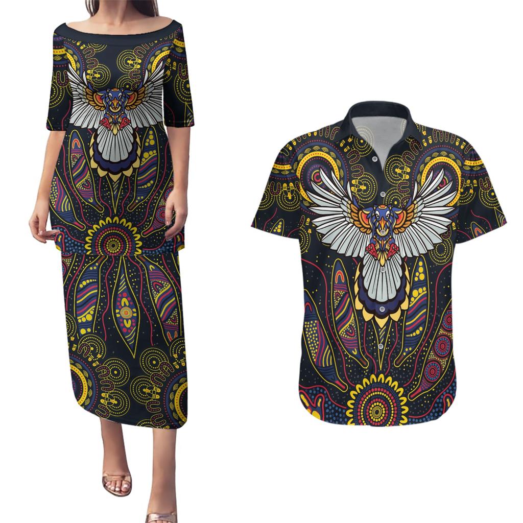 Custom Adelaide Football Couples Matching Puletasi and Hawaiian Shirt With Crow Aboriginal Art Style